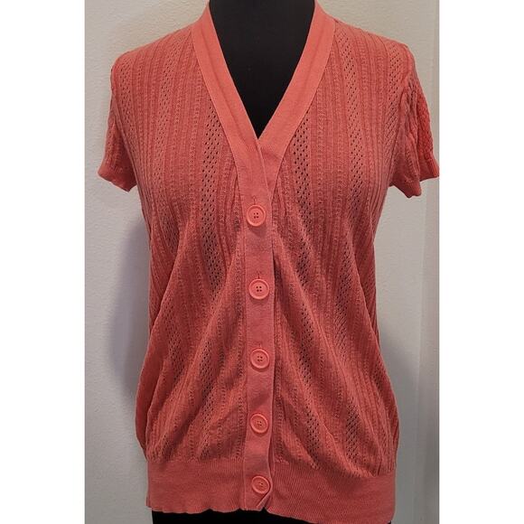 Y2K Ribbed V-Neck Cardigan Short Sleeve Orange Large EUC Vintage - Picture 1 of 7